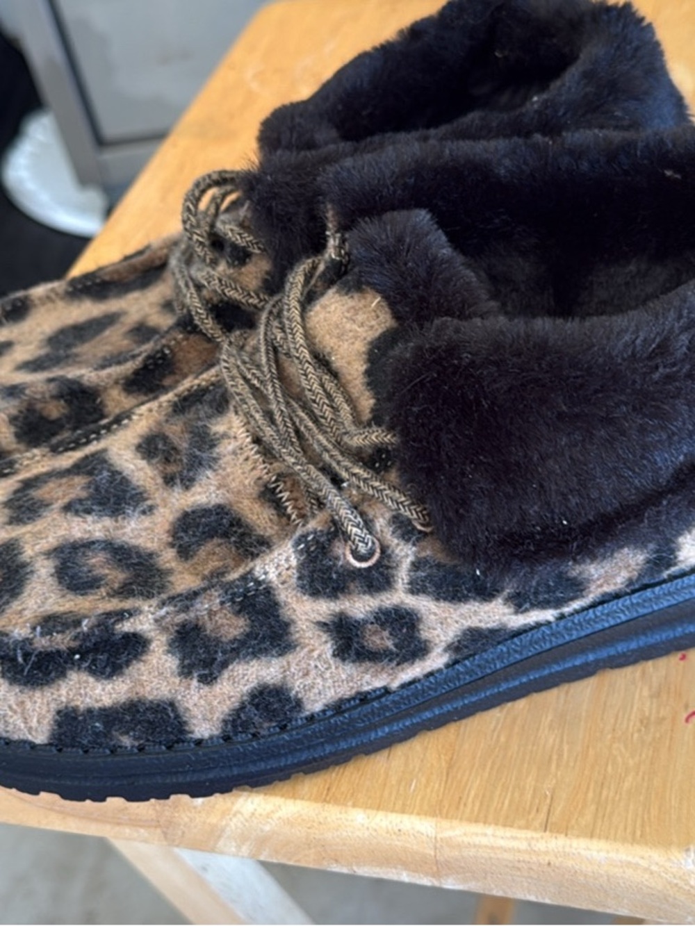 Hey Dude Leopard Print Faux Fur Trim Moccasin Booties - Black & Tan